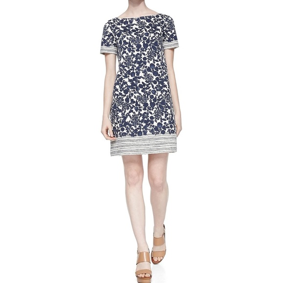 Tory Burch Elisabeth Printed Shift Dress in Navy and Ivory - Picture 1 of 7